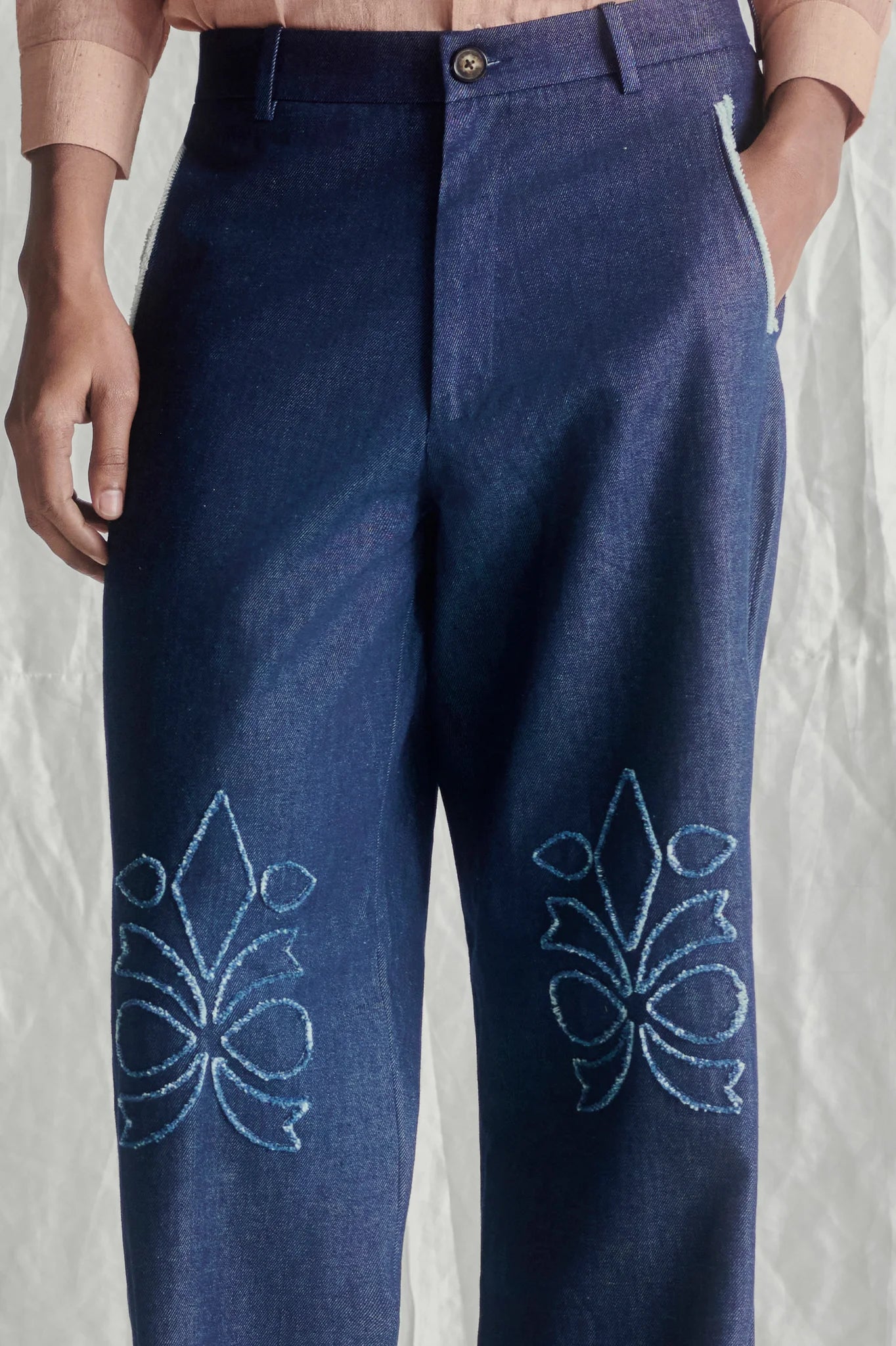 Fray applique boot cut denims